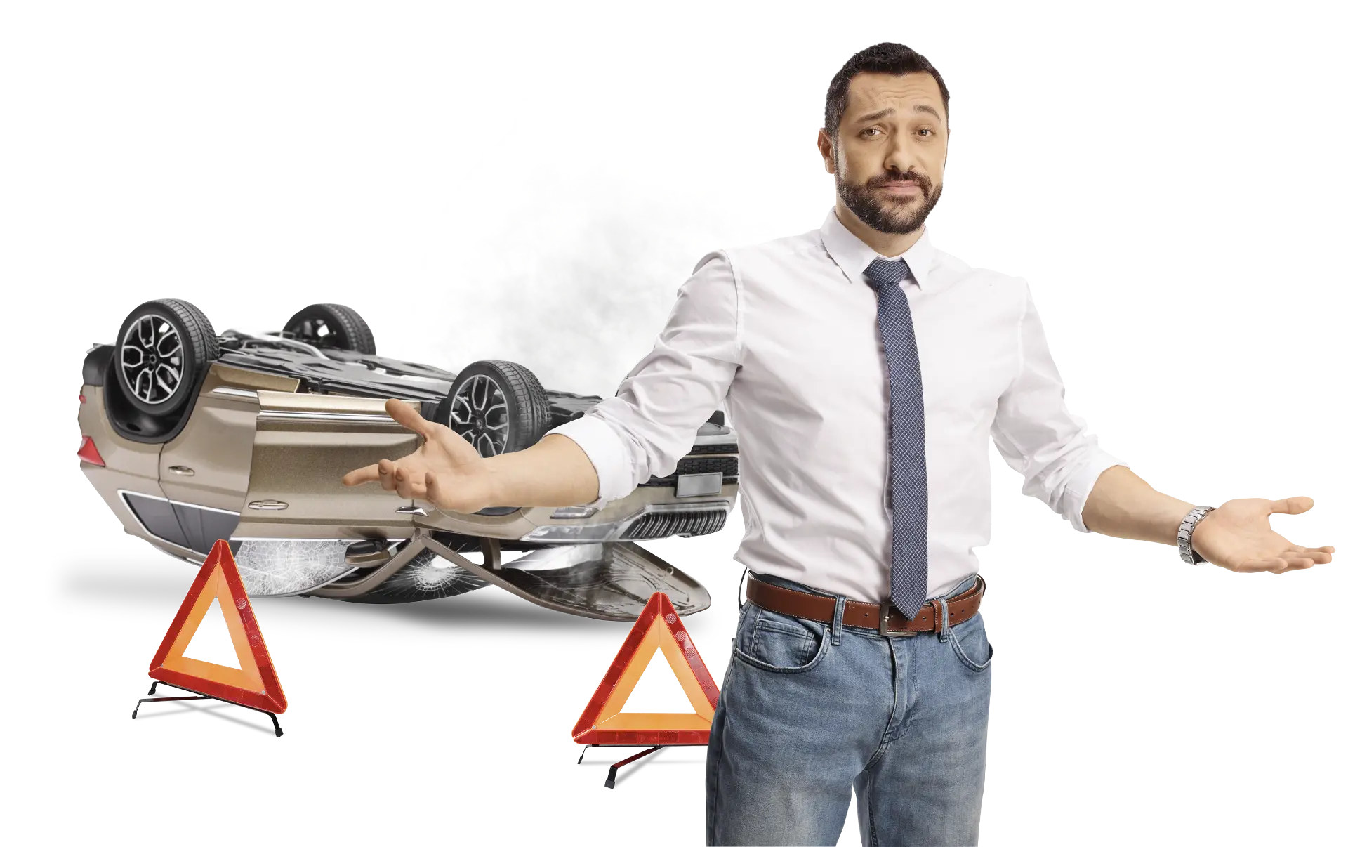 A driver stands beside a rolled-over vehicle after an accident, illustrating that insurance claims are negotiable